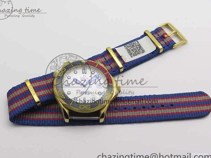 0417 Modern Seamaster 300M 007 YG URF 1:1 Best Edition White Dial Ceramic Bezel On Nylon Strap A 8115